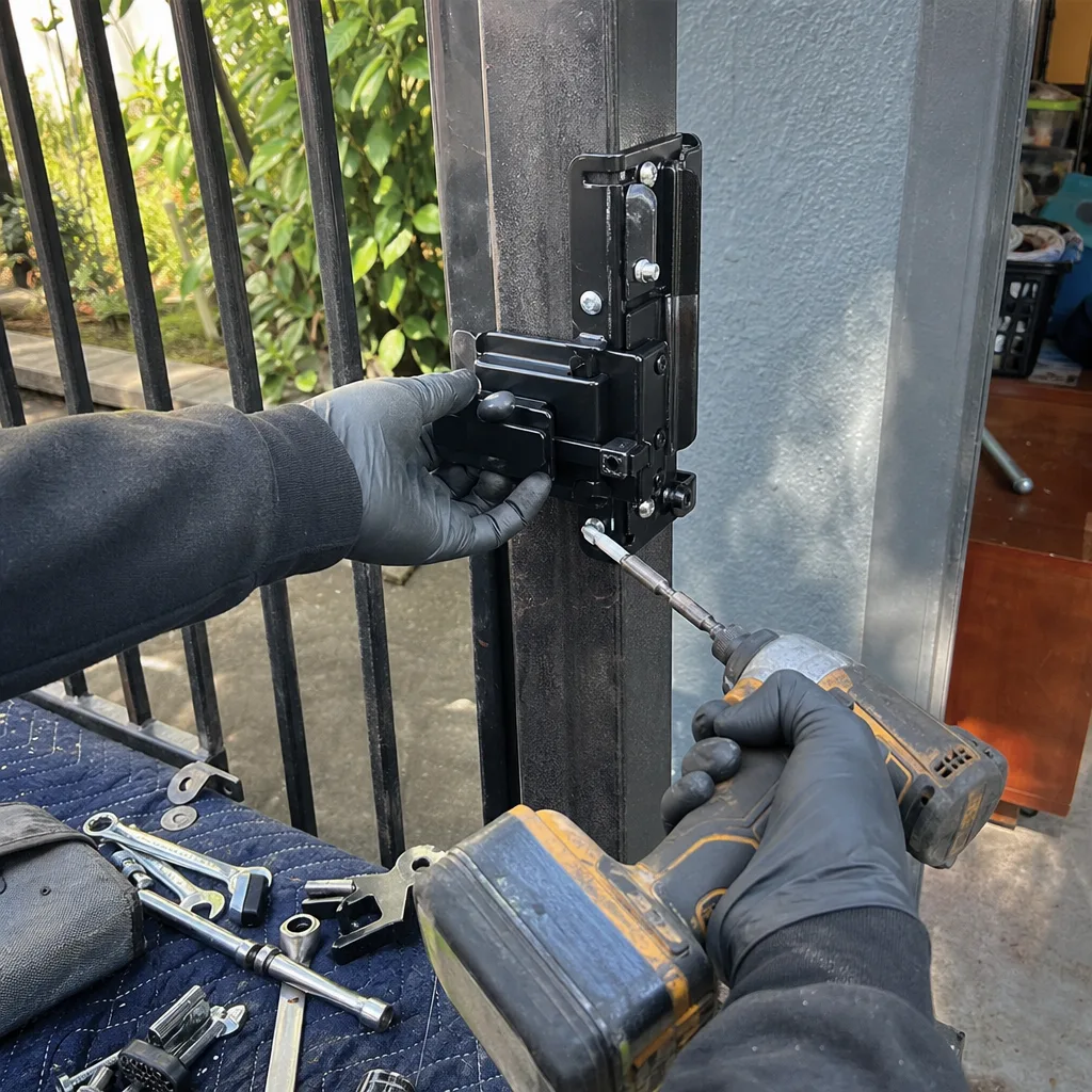 Technician installing a new metal gate latch with a power drill.